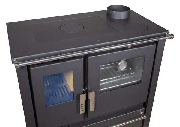 EEK A+ - Sporák na dřevo Verso CS Plus Inox 7,7 kW s troubou, varnou deskou a přihrádkou na dřevo