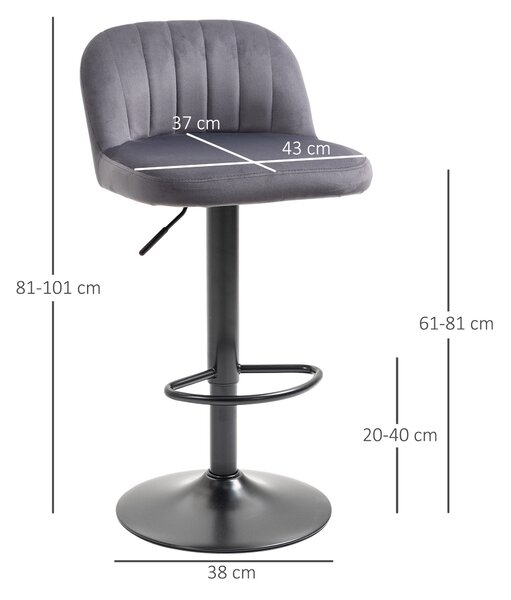 HOMCOM Sada 2 sametových barových židlí s opěradkem a opěrkou nohou, otočné kuchyňské židle s nastavitelnou výškou, 43x45x81-101cm, Šedé | Aosom