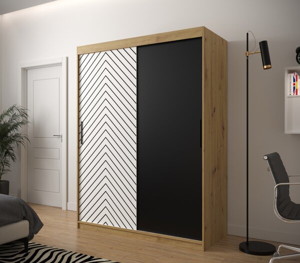 Šatní skříň s grafikou JANETTE 1 - šířka 150 cm, dub artisan / bílá / černá
