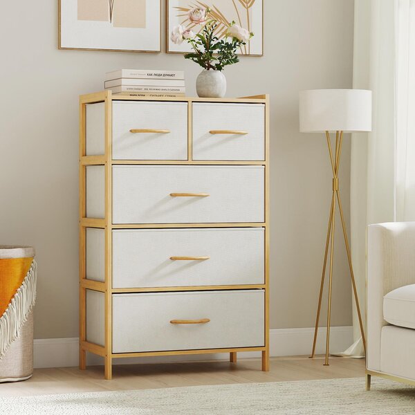 Komoda COSTWAY s vyjímatelnými látkovými zásuvkami a bambusovým rámem, bambusová skříňka s látkovými zásuvkami, komoda, 58 x 30 x 94 cm
