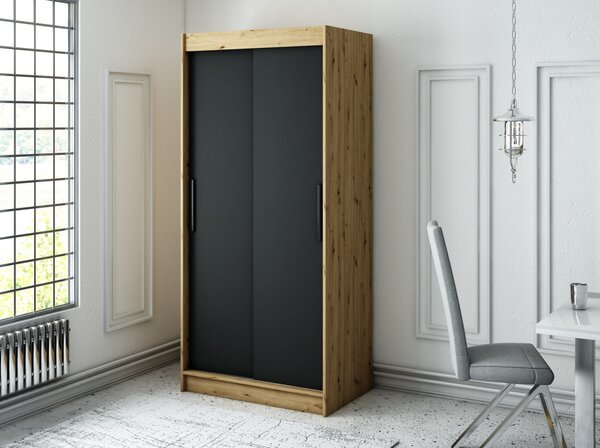 Šatní skříň s posuvnými dveřmi LURDES 1 - šířka 100 cm, dub artisan / černá