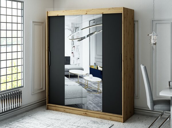 Šatní skříň s posuvnými dveřmi LURDES 2 - šířka 180 cm, dub artisan / černá