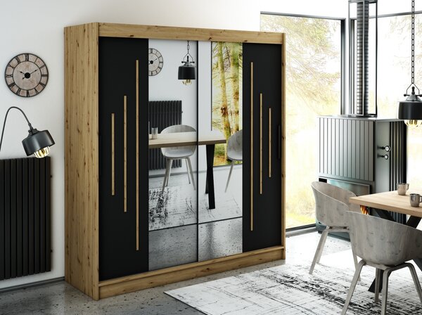 Zrcadlová skříň s posuvnými dveřmi LURDES 8 - šířka 200 cm, dub artisan / černá