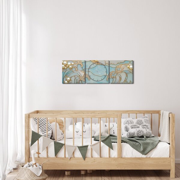 Obraz - 3D perly v oceánu (s hodinami) (90x30 cm)