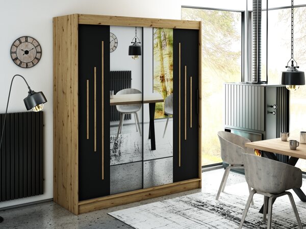 Zrcadlová skříň s posuvnými dveřmi LURDES 8 - šířka 180 cm, dub artisan / černá