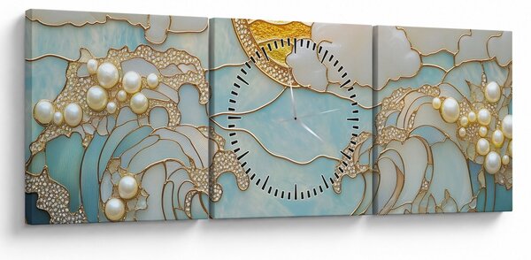 Obraz - 3D perly v oceánu (s hodinami) (90x30 cm)