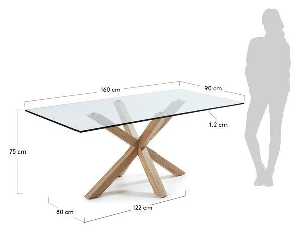 Skleněný jídelní stůl s přírodním podnožím Kave Home, 160 x 90 cm