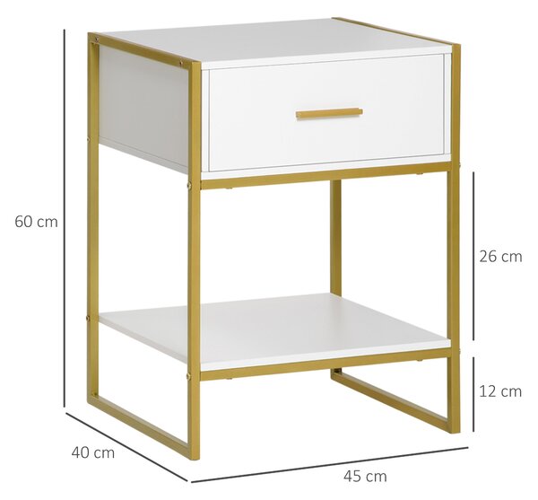 HOMCOM Sada 2 Moderních Nočních Stolků, 2 Noční Stolky do Ložnice a Obývacího Pokoj, s Šuplíkem a Otevřenou Policí, Moderní Design, v MDF a Oceli, 45x