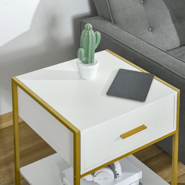 HOMCOM Sada 2 Moderních Nočních Stolků, 2 Noční Stolky do Ložnice a Obývacího Pokoj, s Šuplíkem a Otevřenou Policí, Moderní Design, v MDF a Oceli, 45x