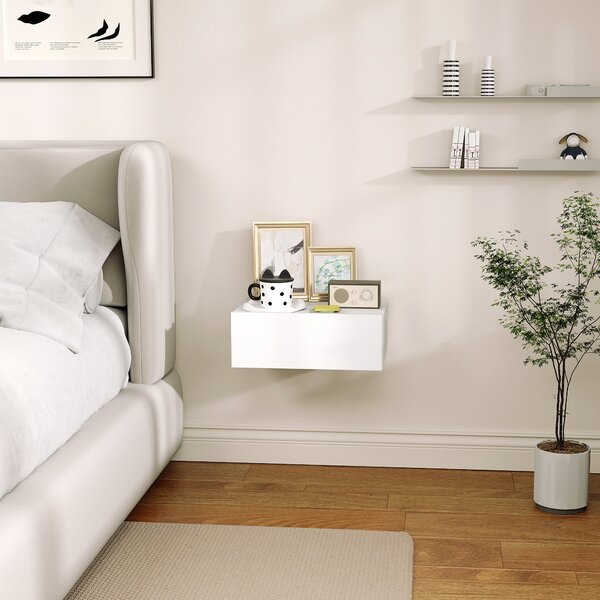 HOMCOM Závěsný noční stolek se šuplíkem, noční stolek do ložnice z dřevotřísky, moderní styl, 40x30x15 cm, bílý | Aosom