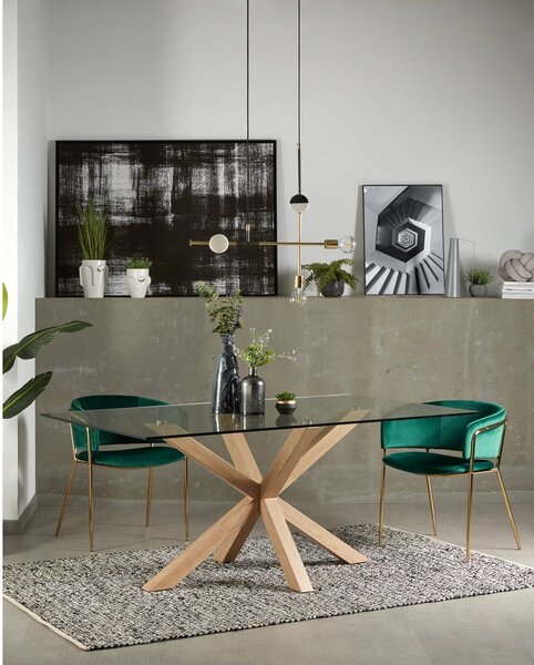 Skleněný jídelní stůl s přírodním podnožím Kave Home, 160 x 90 cm