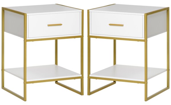 HOMCOM Sada 2 Moderních Nočních Stolků, 2 Noční Stolky do Ložnice a Obývacího Pokoj, s Šuplíkem a Otevřenou Policí, Moderní Design, v MDF a Oceli, 45x