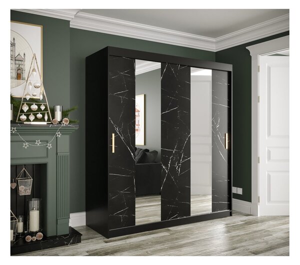 Šatní skříň s posuvnými dveřmi a zrcadly MAREILLE 4 - šířka 180 cm, černá / černý mramor