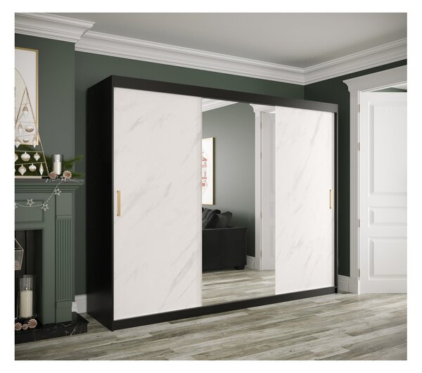 Zrcadlová skříň s posuvnými dveřmi MAREILLE 2 - šířka 250 cm, černá / bílý mramor