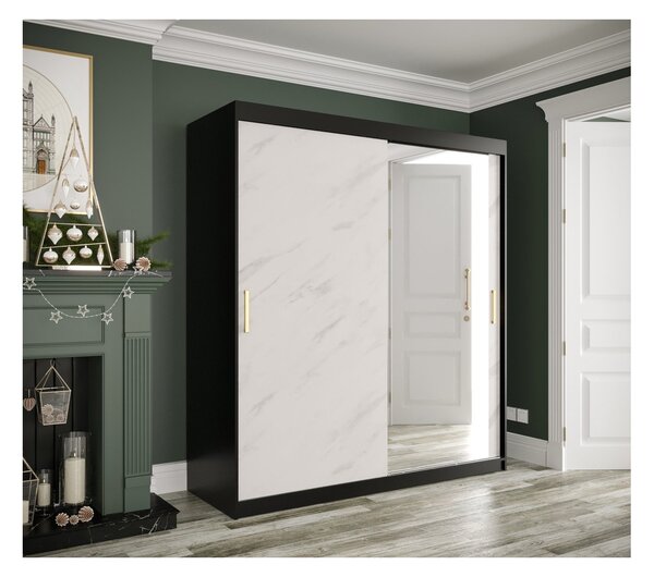 Zrcadlová skříň s posuvnými dveřmi MAREILLE 3 - šířka 180 cm, černá / bílý mramor