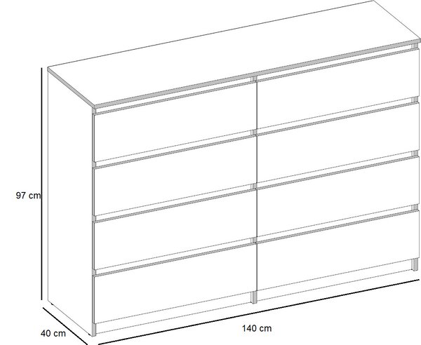 VBChome Komoda s 8 zásuvkami 140 x 40 x 97 cm Bílá Bezúchytková komoda Víceúčelová skříňka do předsíně Ložnice Obývací pokoj Dětský pokoj Moderní