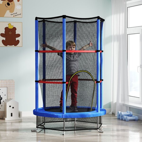 HOMCOM Dětská trampolína pro děti 3-6 let se sítí, 6 sloupy a vchody, PE, plastová a kovová trampolína, Ø140x190 cm, Modrá a Černá | Aosom