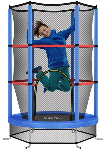 HOMCOM Dětská trampolína pro děti 3-6 let se sítí, 6 sloupy a vchody, PE, plastová a kovová trampolína, Ø140x190 cm, Modrá a Černá | Aosom