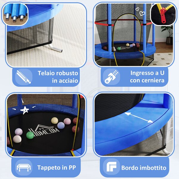 HOMCOM Dětská trampolína pro děti 3-6 let se sítí, 6 sloupy a vchody, PE, plastová a kovová trampolína, Ø140x190 cm, Modrá a Černá | Aosom