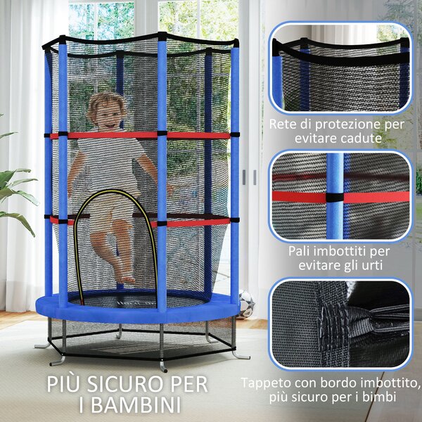 HOMCOM Dětská trampolína pro děti 3-6 let se sítí, 6 sloupy a vchody, PE, plastová a kovová trampolína, Ø140x190 cm, Modrá a Černá | Aosom
