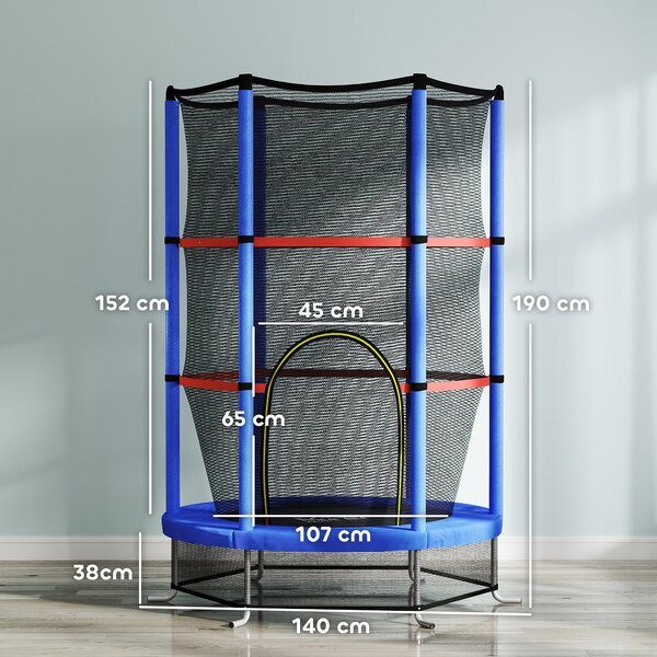 HOMCOM Dětská trampolína pro děti 3-6 let se sítí, 6 sloupy a vchody, PE, plastová a kovová trampolína, Ø140x190 cm, Modrá a Černá | Aosom