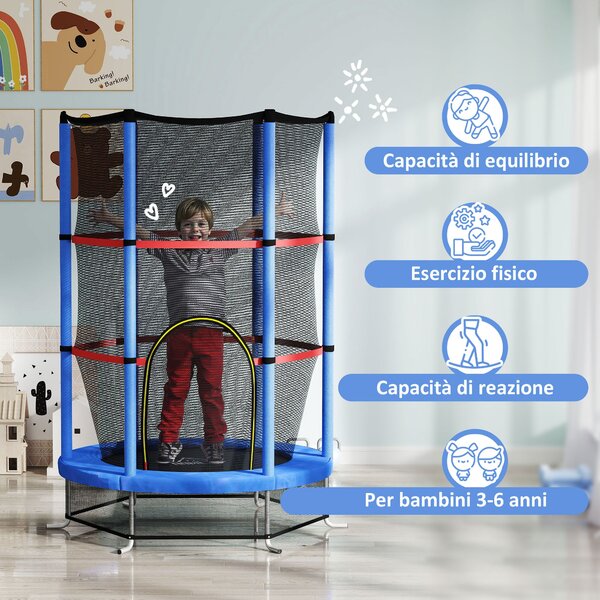 HOMCOM Dětská trampolína pro děti 3-6 let se sítí, 6 sloupy a vchody, PE, plastová a kovová trampolína, Ø140x190 cm, Modrá a Černá | Aosom