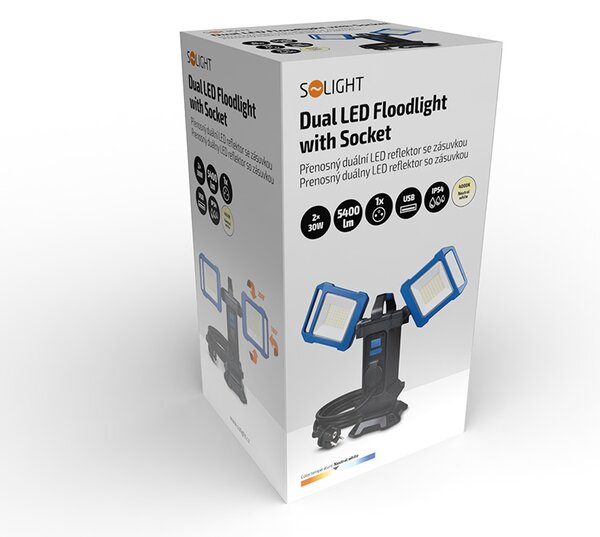 SOLIGHT Duální přenosný LED reflektor se zásuvkou 2x30W 5400lm 4000K IP54
