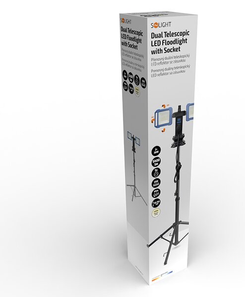 SOLIGHT Duální teleskopický 62-152cm LED reflektor se zásuvkou 2x30W 5400lm 4000K IP54