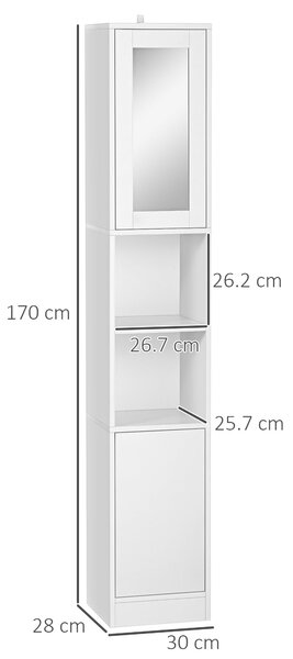 Kleankin Koupelnová skříňka s úložným prostorem, zrcadlem a otevíráním na tlak, víceúčelová dřevěná koupelnová skříňka, 30x28x170cm, bílá | Aosom