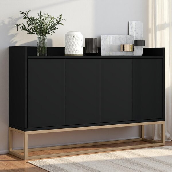 UnboxG Komoda 120x30x80 cm černá se 4 dvířky, úložný prostor do obývacího pokoje, jídelny nebo chodby – moderní úložný nábytek, stabilní a univerzální