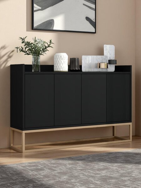 UnboxG Komoda 120x30x80 cm černá se 4 dvířky, úložný prostor do obývacího pokoje, jídelny nebo chodby – moderní úložný nábytek, stabilní a univerzální