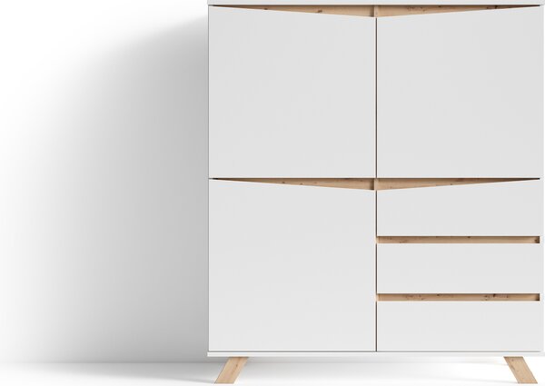 ByLIVING Valentin komoda, šířka vysoké desky 120 cm, matná bílá, aplikace ve vzhledu dubu