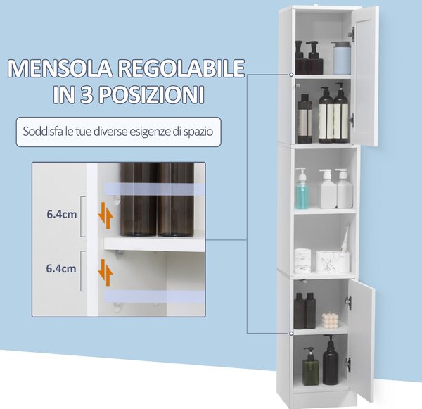 Kleankin Koupelnová skříňka s úložným prostorem, zrcadlem a otevíráním na tlak, víceúčelová dřevěná koupelnová skříňka, 30x28x170cm, bílá | Aosom
