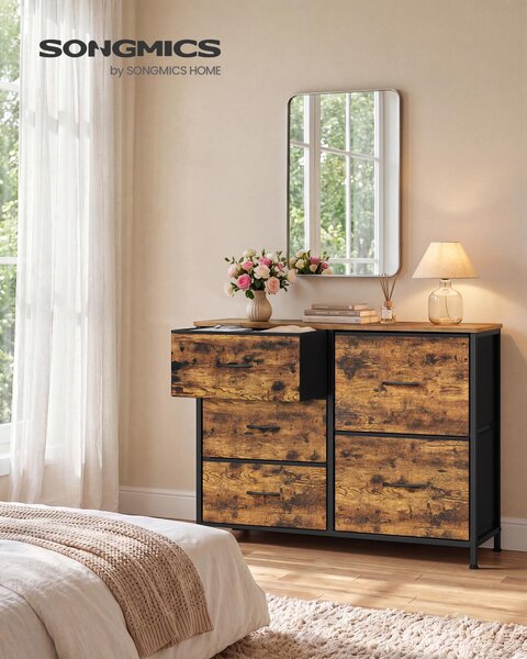 SONGMICS Komoda se 5 zásuvkami, komoda s kovovou konstrukcí, rozměry 98,7 x 30 x 74,7 cm, barva: tan