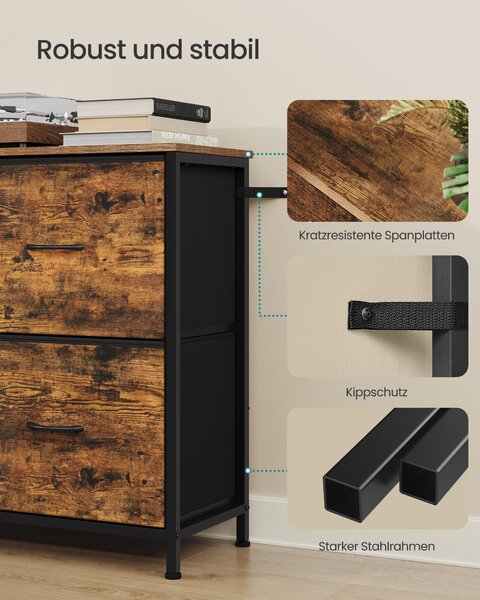 SONGMICS Komoda se 5 zásuvkami, komoda s kovovou konstrukcí, rozměry 98,7 x 30 x 74,7 cm, barva: tan