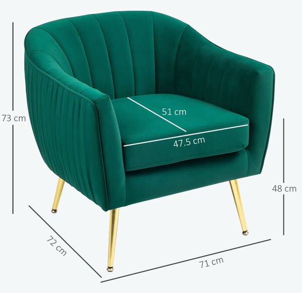 HOMCOM Čalouněné Křeslo se Záhlavím a Područky, Moderní Design, Kovové Nohy (71x72x73 cm) Zelené | Aosom