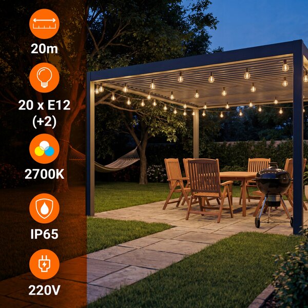 Smart LED Zahradní světelná girlanda 20m/20x/LED žárovka E12