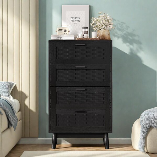 UnboxG Komoda se 4 zásuvkami, černá, masivní dřevěná komoda, úložný prostor do ložnice, obývacího pokoje nebo chodby, 55 x 39,5 x 95 cm