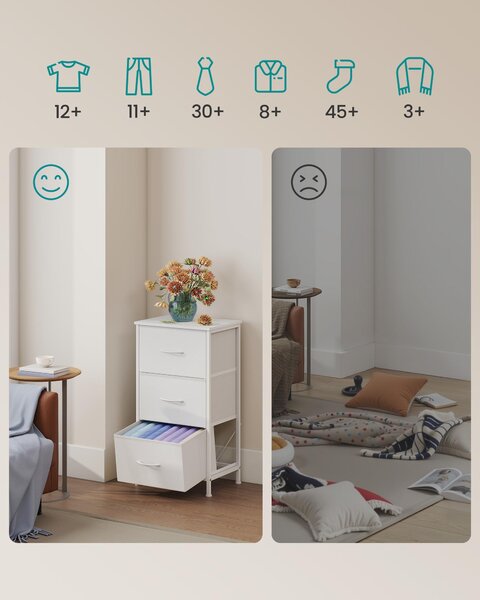 SONGMICS Komoda, skříň, 3 látkové zásuvky, do ložnice, předsíně, obývacího pokoje, bílá