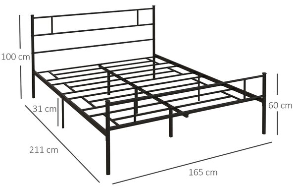 Rám postele HOMCOM Dvoulůžkový 165x211x100cm z oceli, integrované laťky, průmyslový styl čelního a nožního čela, černý | Aosom