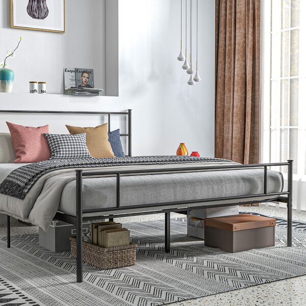 Rám postele HOMCOM Dvoulůžkový 165x211x100cm z oceli, integrované laťky, průmyslový styl čelního a nožního čela, černý | Aosom