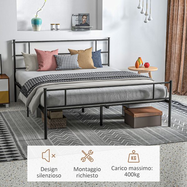 Rám postele HOMCOM Dvoulůžkový 165x211x100cm z oceli, integrované laťky, průmyslový styl čelního a nožního čela, černý | Aosom