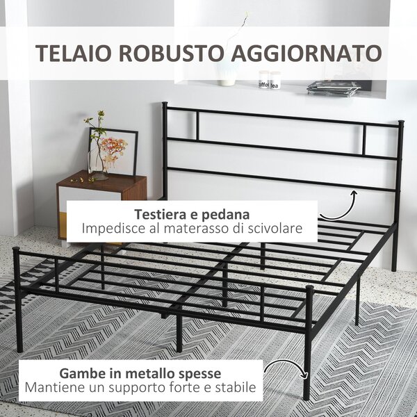 Rám postele HOMCOM Dvoulůžkový 165x211x100cm z oceli, integrované laťky, průmyslový styl čelního a nožního čela, černý | Aosom