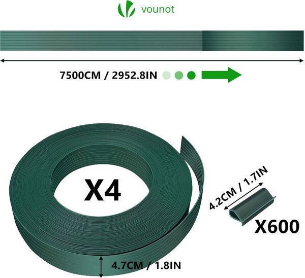 VOUNOT® krycí pásky pro plotové panely s dvojitými tyčemi, 300 m x 4,7 cm, PVC krycí plot s 600 sponkami, zelený