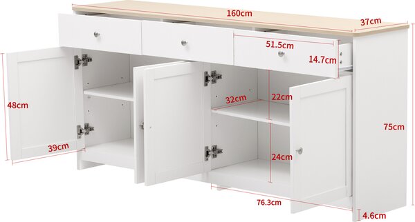 ProximaX Komoda Sideboard se 3 zásuvkami, 4 dvířky, nastavitelnými policemi - Moderní komoda v přírodní bílé barvě