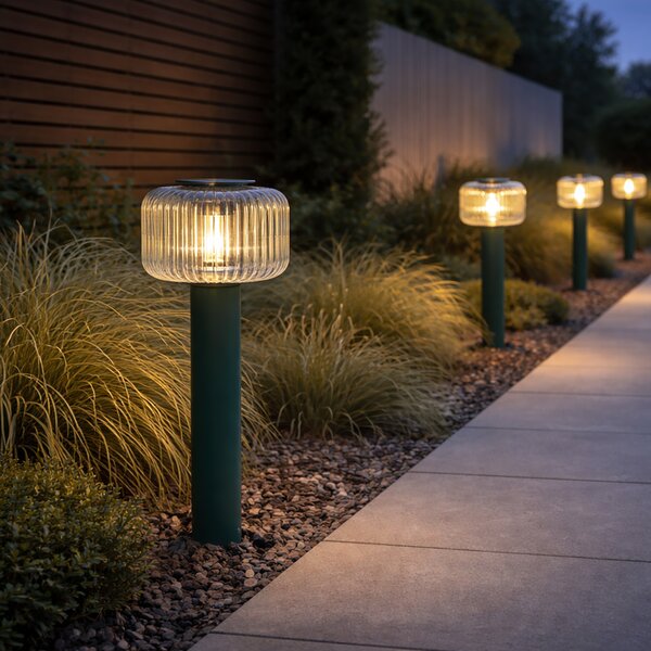 Moderní venkovní patník zelený s žebrovaným sklem vč. LED solární IP65 - Ribble Mushroom