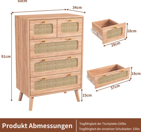 Komoda Fortuna Lai s 5 zásuvkami, nohy z masivního dřeva, moderní design, nábytek do ložnice 60x34x91 cm, hnědá barva