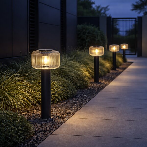 Moderní venkovní patník černý s žebrovaným sklem vč. LED solární IP65 - Ribble Mushroom