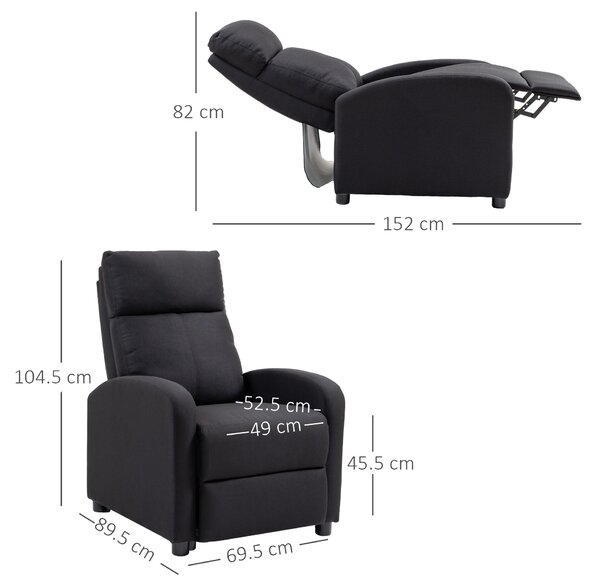 HOMCOM Polstrované Křeslo s Mechanismem Nakhávání Záda 135° a Sklopným Opěrkou Nohou, Černé Lněné, 69x87x100,5cm | Aosom