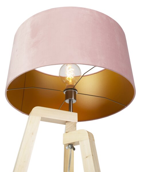Stojací lampa stojan dřevěný s růžovým sametovým stínítkem 50 cm - Puros